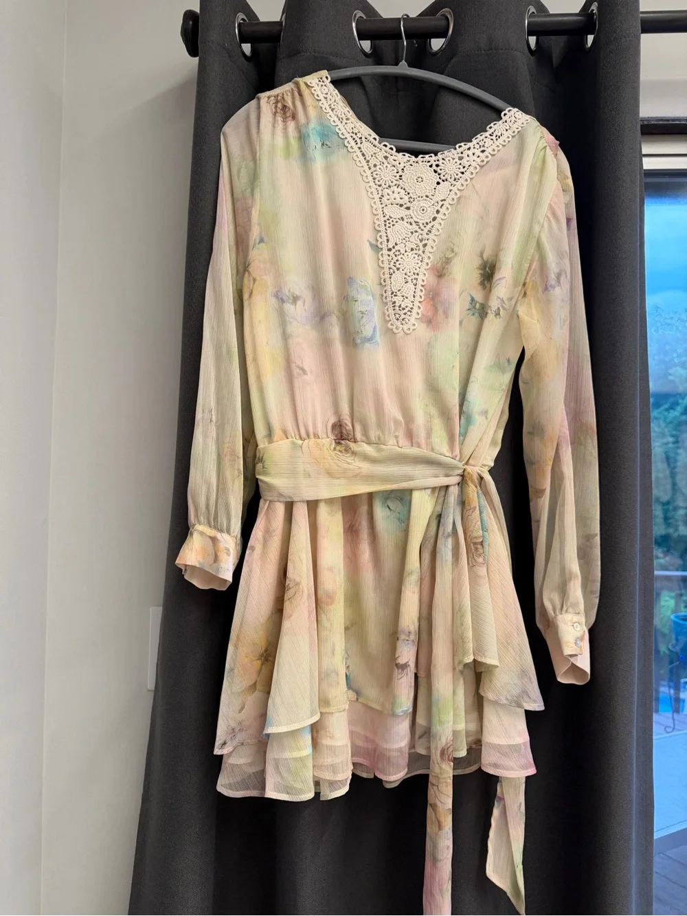 Zara Pastel Watercolor Floral Tie-Waist Dress with Lace V-Neck